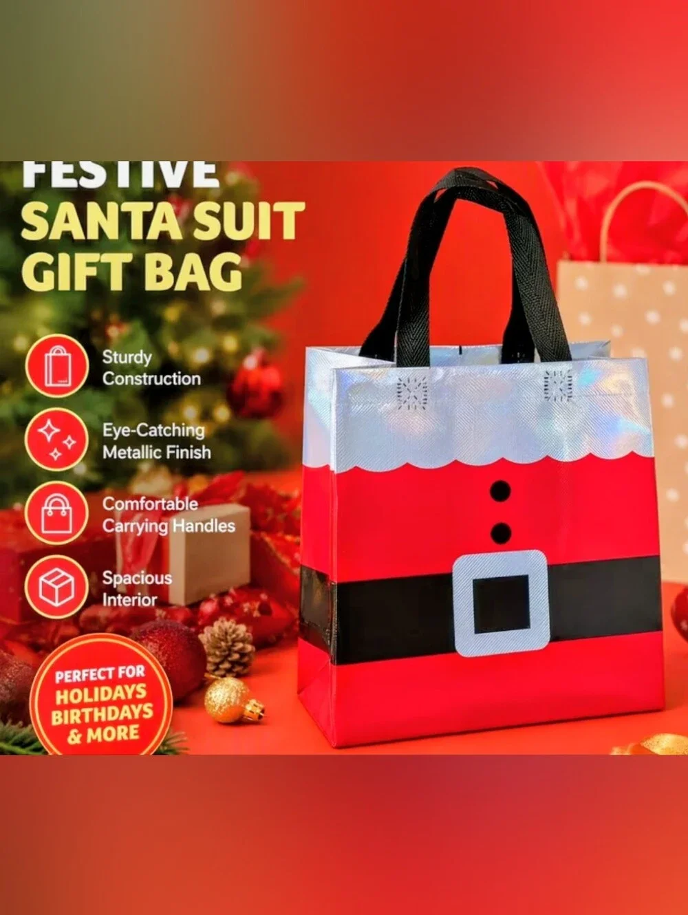 Festive Santa Gift Bag with Black Handles - Holiday Gift Bag (Set Of 4)